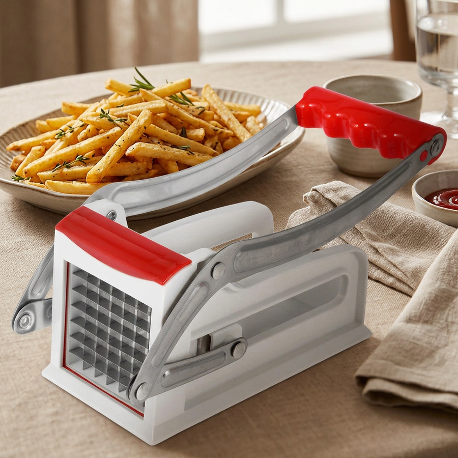 Coupe-frites pomme de terre à levier, rouge ou bleu, en situation dans la cuisine