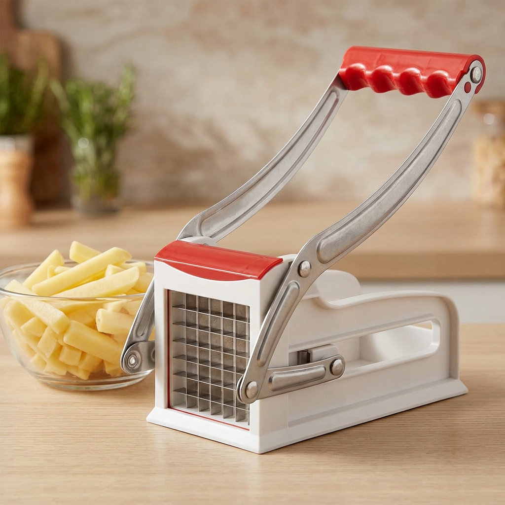 Coupe-frites pomme de terre à levier, rouge ou bleu, résultat obtenu