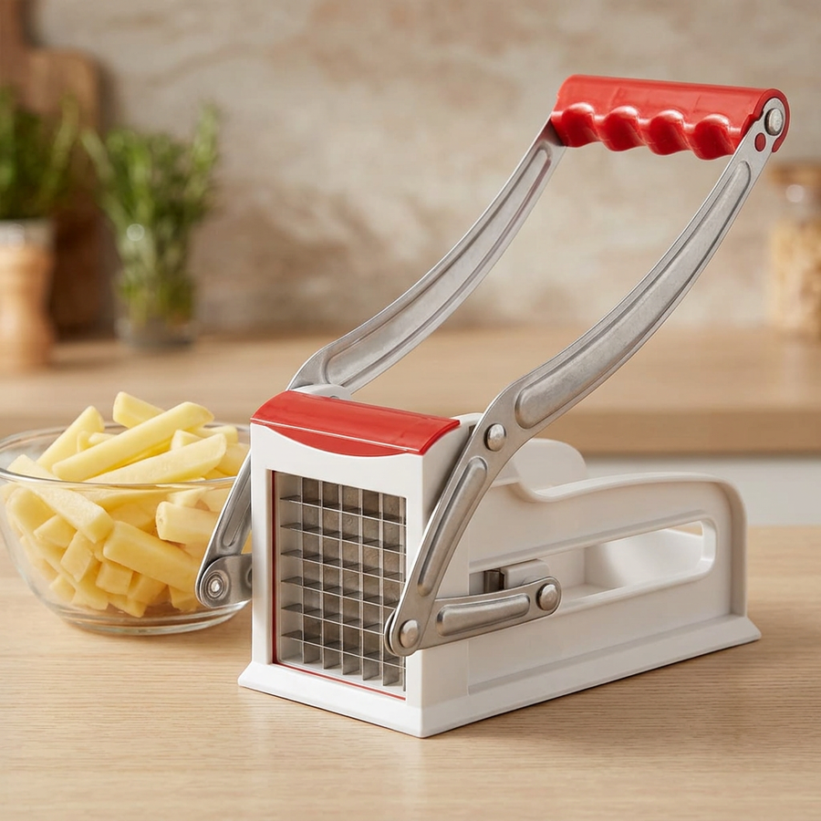 Coupe-frites pomme de terre à levier, rouge ou bleu, résultat obtenu