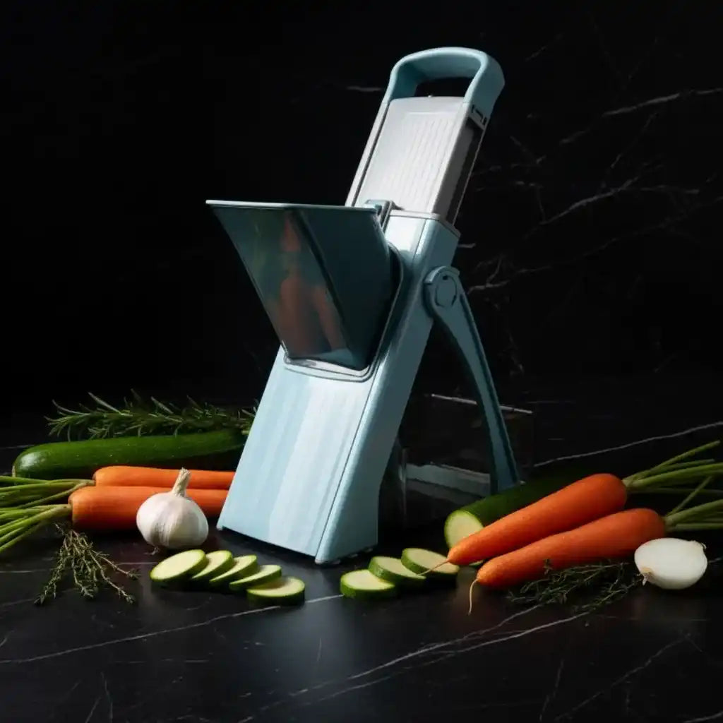 Coupe-légumes manuel bleu sur marbre noir, entouré de carottes, courgettes, oignons, ail et herbes fraîches, éclairage cinématique