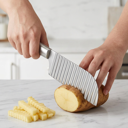 Couteau à frites ondulées inox, en cours d'utilisation