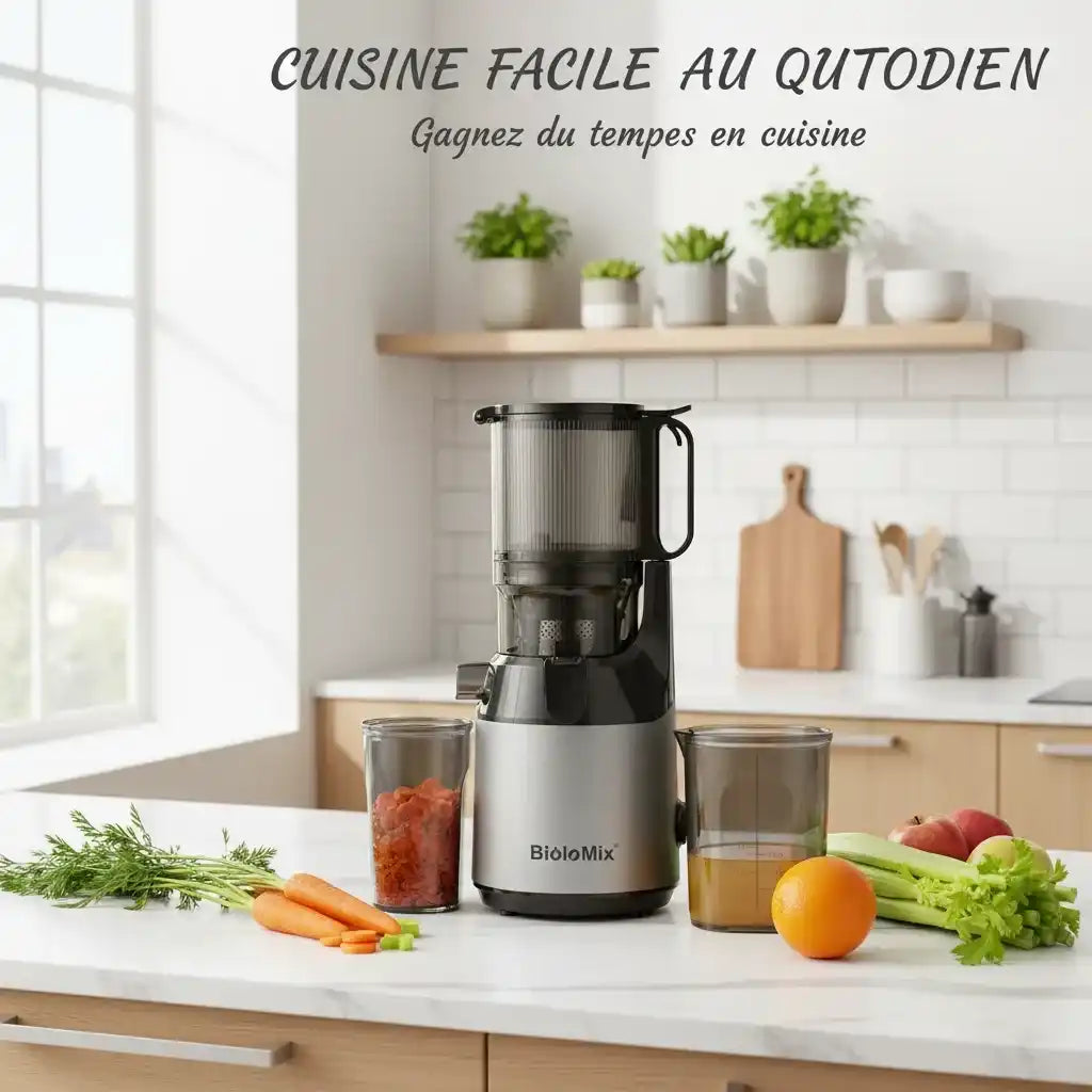 Hachoir extracteur de jus BioloMix avec chute 130mm et filtration triple en action - Préparation culinaire rapide