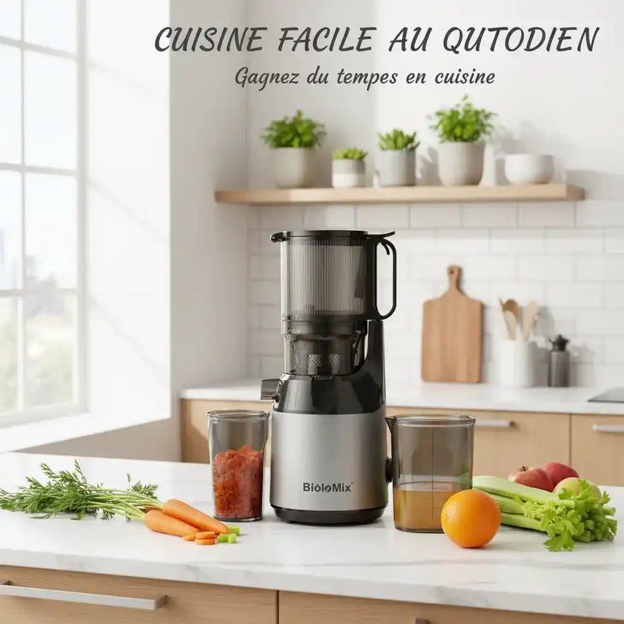 Hachoir extracteur de jus BioloMix avec chute 130mm et filtration triple en action - Préparation culinaire rapide