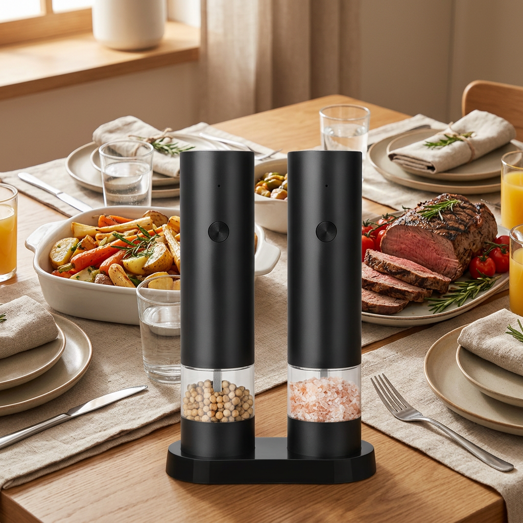 Moulin à poivre électrique rechargeable USB, seul ou en duo, en situation dans la cuisine