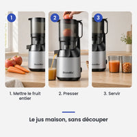 Comment utiliser le extracteur de jus BioloMix chute 130mm en 3 étapes : mettre le fruit entier, presser, servir