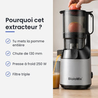 Pourquoi choisir cet extracteur : tu mets la pomme entière, chute de 130 mm, presse à froid 250 W, filtre triple