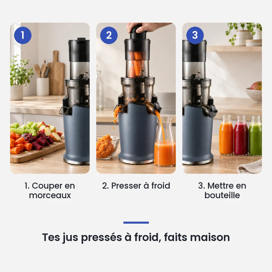 Comment utiliser le extracteur de jus BioloMix presse à froid en 3 étapes : couper en morceaux, presser à froid, mettre en