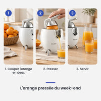 Comment utiliser le extracteur de jus ROUNY 850W inox agrumes en 3 étapes : couper l'orange en deux, presser, servir