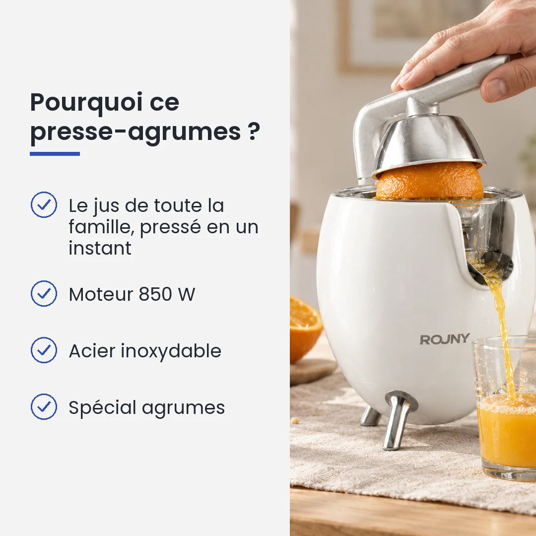 Pourquoi choisir ce presse-agrumes : le jus de toute la famille, pressé en un instant, moteur 850 W, acier inoxydable