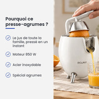 Pourquoi choisir ce presse-agrumes : le jus de toute la famille, pressé en un instant, moteur 850 W, acier inoxydable