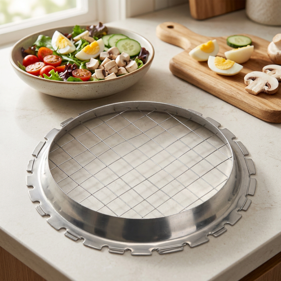 Grille ronde inox coupe-dés pour œufs et champignons, en situation dans la cuisine