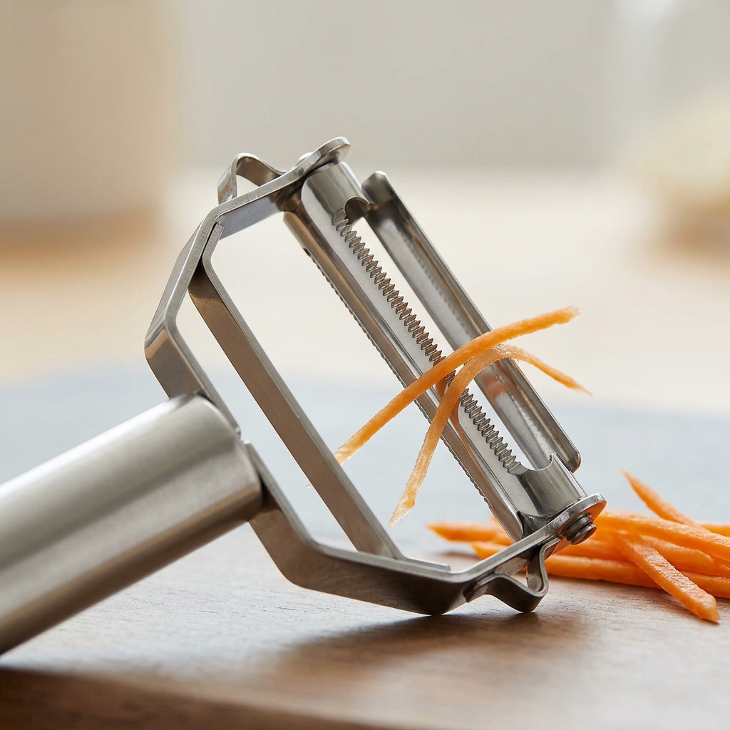 Éplucheur-julienne inox 4 en 1, gros plan sur les détails