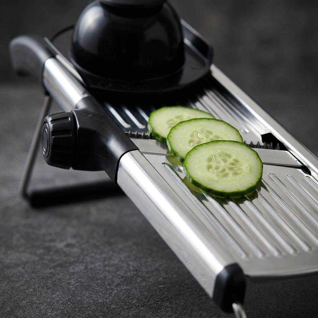 Mandoline professionnelle inox réglable 1 à 9 mm, gros plan sur les détails