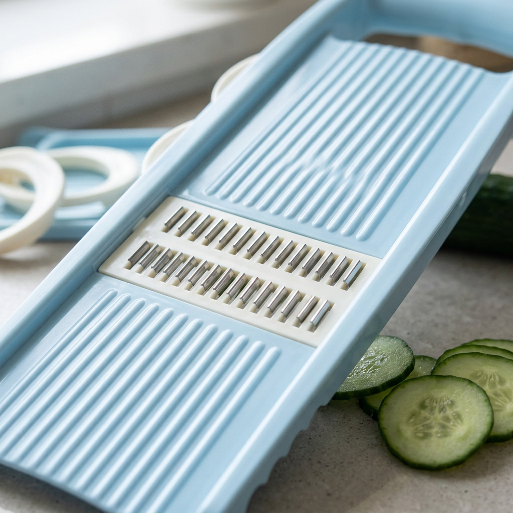 Mandoline 5 en 1 avec julienne et râpe, gros plan sur les détails