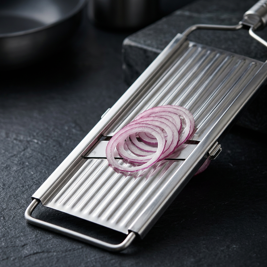 Mandoline râpe inox à plaques amovibles, gros plan sur les détails