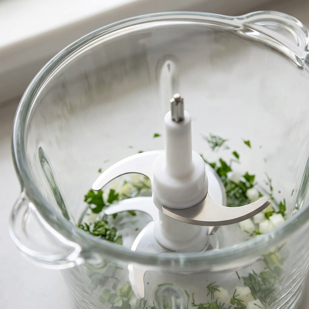 Hachoir électrique 2 bols, verre 1,8 L et inox 2 L, gros plan sur les détails