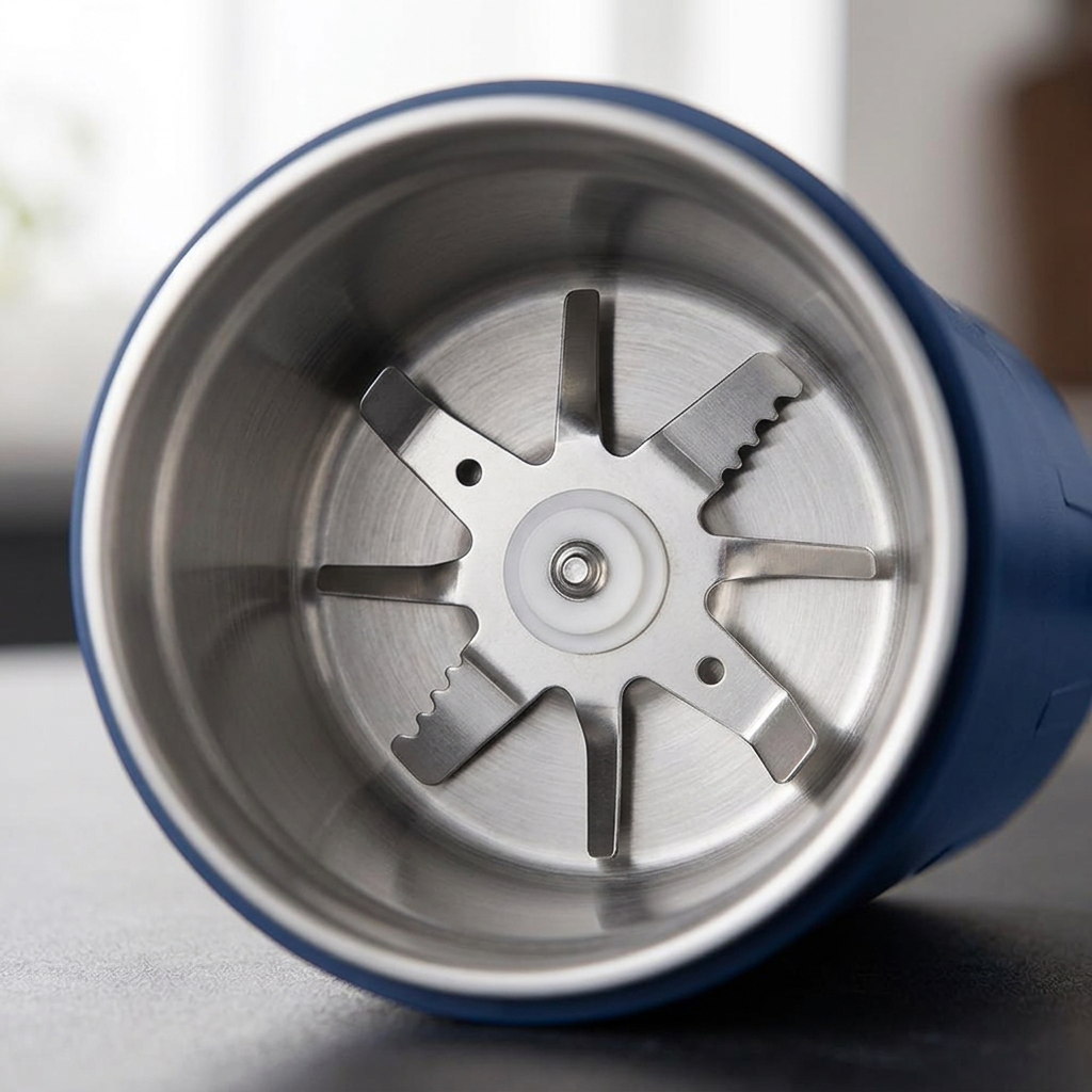Hachoir à épices et grains électrique 300 W bleu, gros plan sur les détails