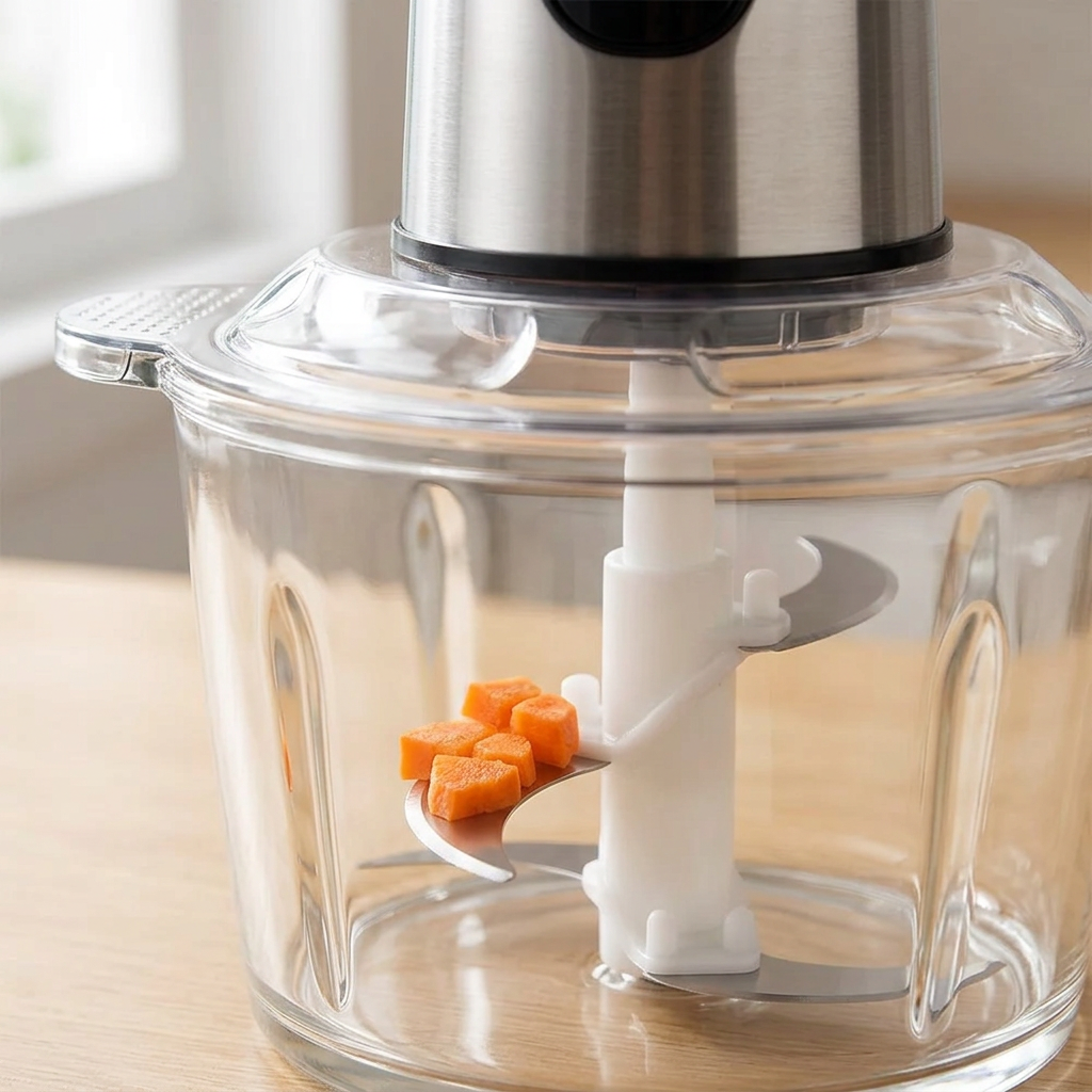 Hachoir électrique bol verre 2 L, 3 vitesses et minuterie, gros plan sur les détails