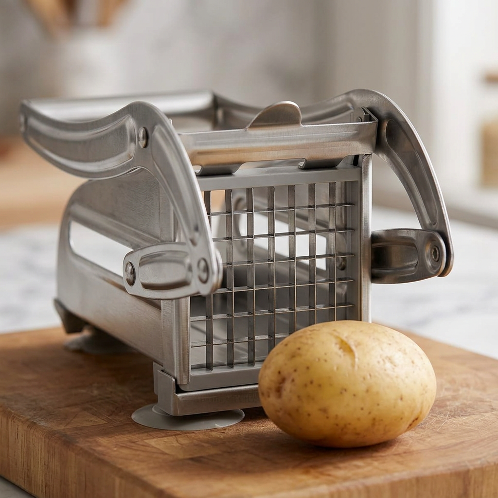 Coupe-frites manuel inox à levier, 2 grilles, gros plan sur les détails