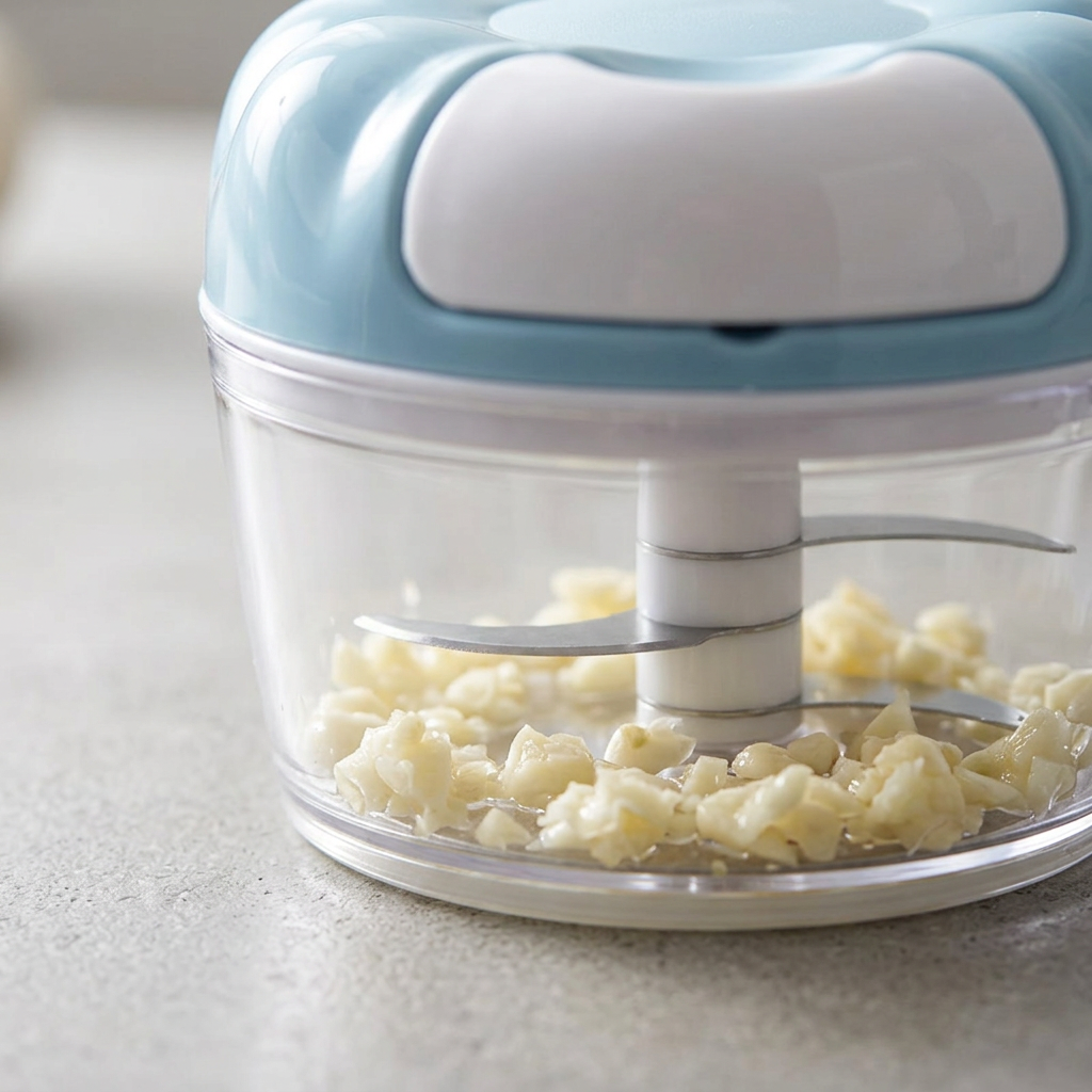 Hachoir à ficelle compact bleu pâle, gros plan sur les détails