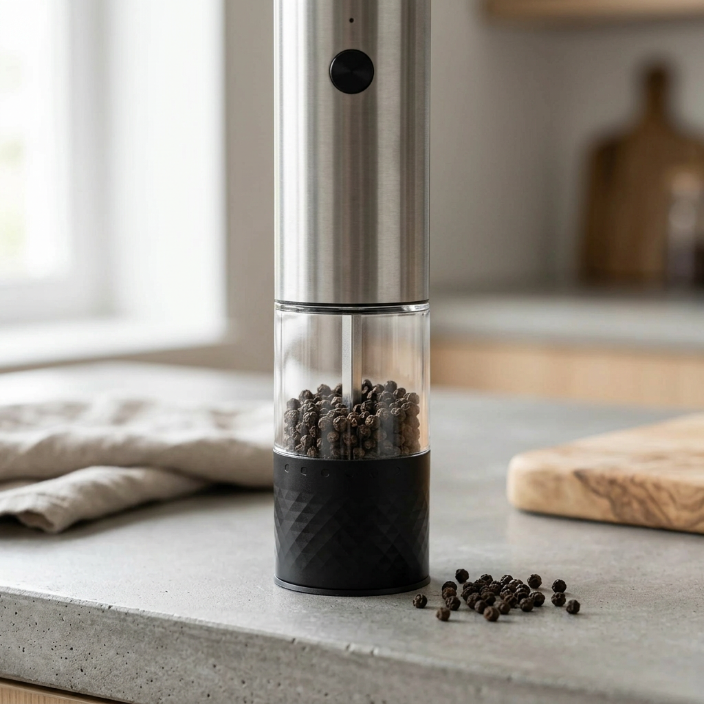 Moulin à poivre automatique compact rechargeable, gros plan sur les détails