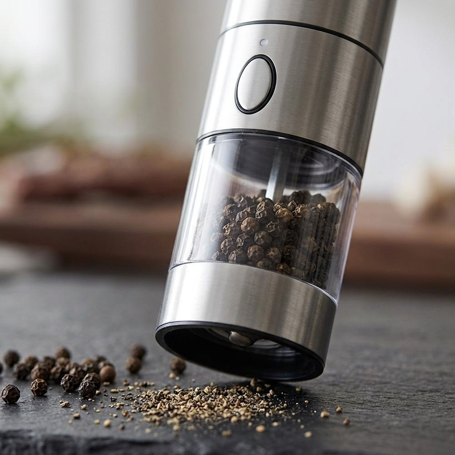 Moulin à poivre électrique inox, rechargeable avec socle, gros plan sur les détails