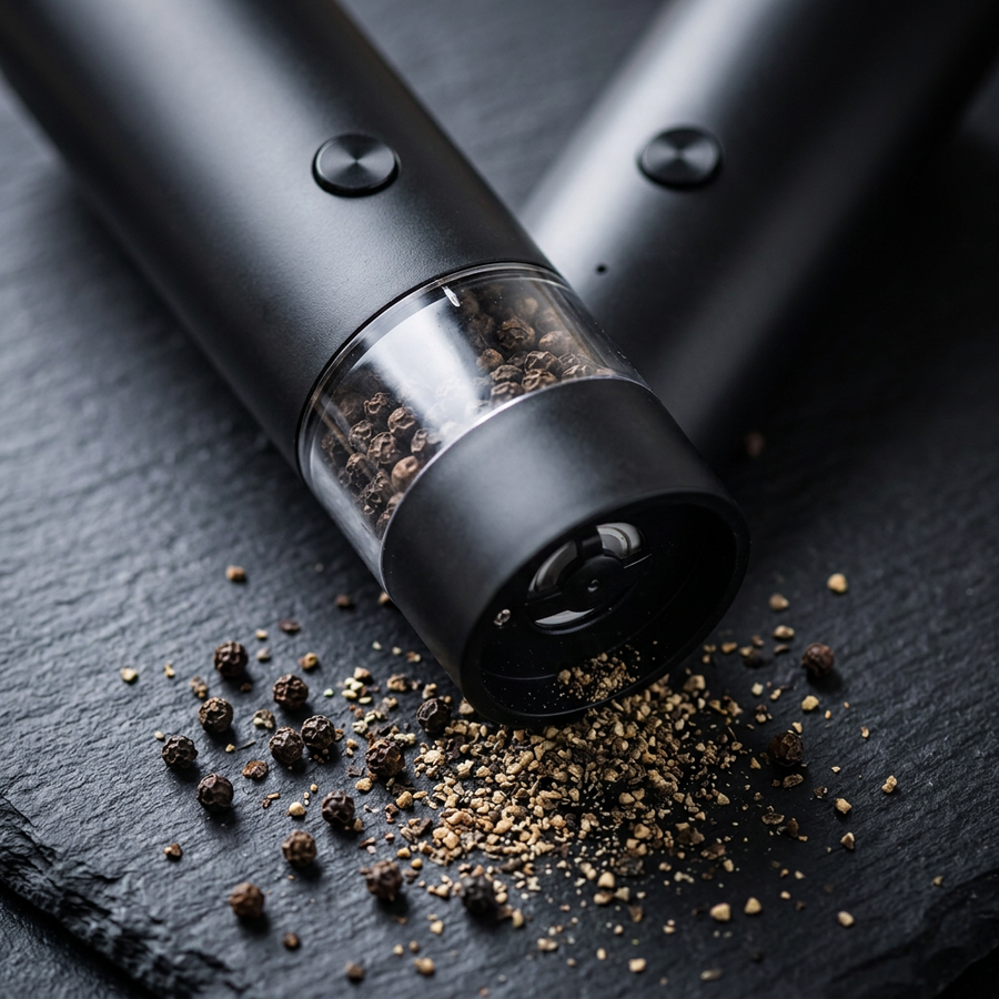 Moulin à poivre électrique rechargeable USB, seul ou en duo, gros plan sur les détails