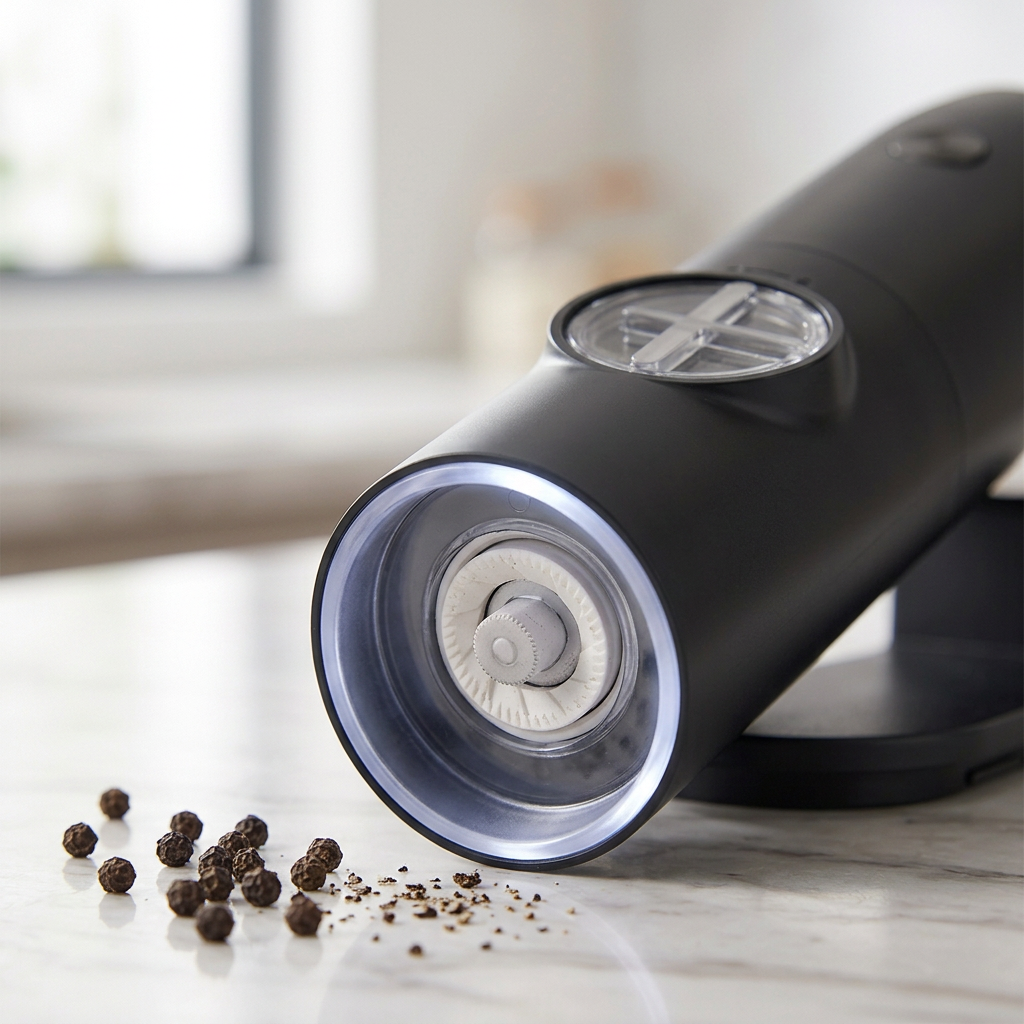 Moulin à poivre électrique noir avec lumière LED, gros plan sur les détails