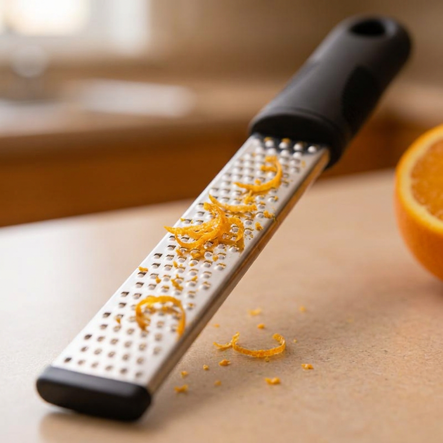 Zesteur long inox pour agrumes, fromage et gingembre, gros plan sur les détails