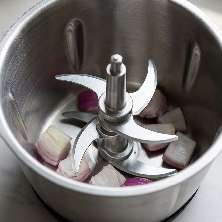 Hachoir électrique inox 3 L, 3 vitesses, verrou de sécurité, gros plan sur les détails