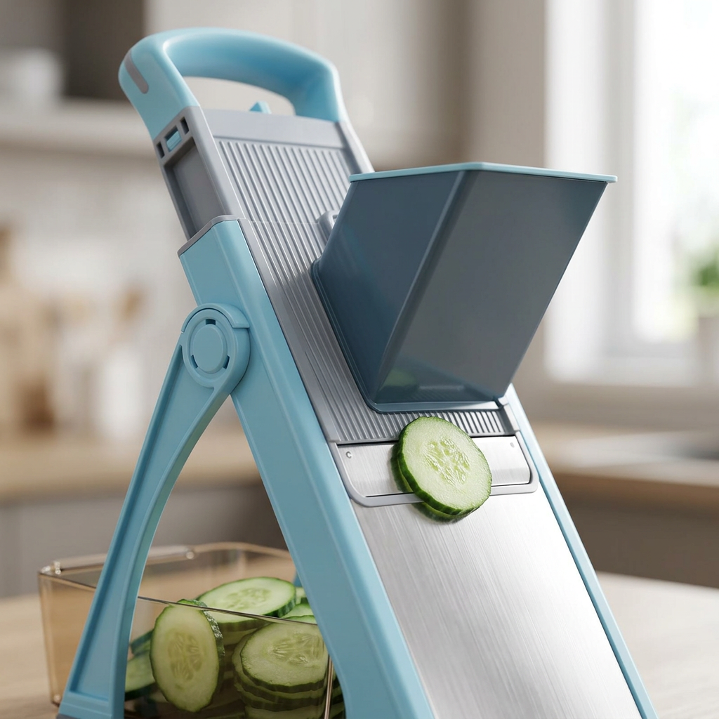 Mandoline verticale avec bac de récupération, gros plan sur les détails