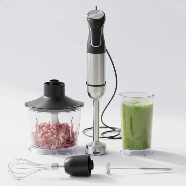 Hachoir multifonction 5 en 1 inox 1500W avec bol hachoir, fouet, émulsionneur et verre mixeur