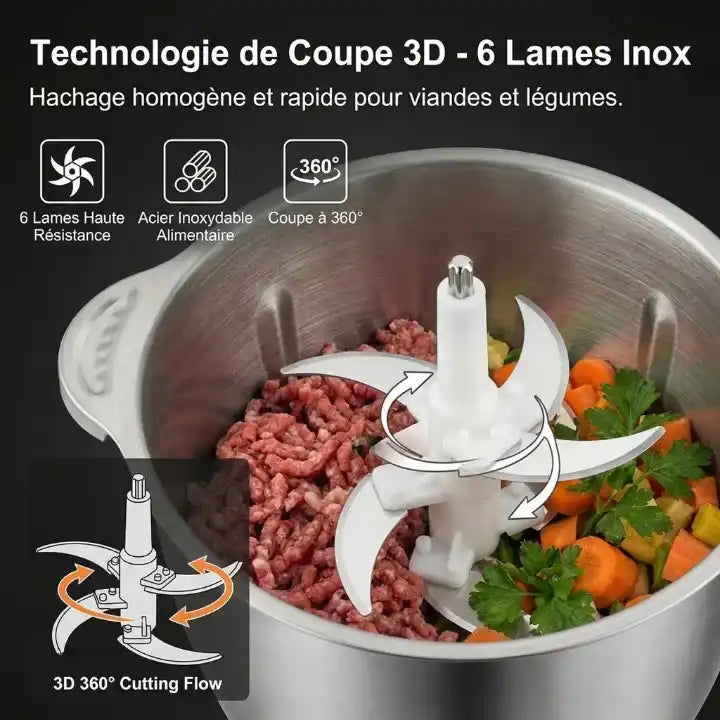 Détail lames et matériaux — Hachoir à viande électrique 1000W bol inox 5L 6 lames