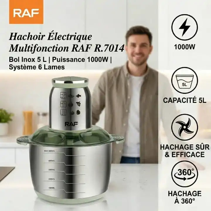 Hachoir à viande électrique 1000W bol inox 5L 6 lames en situation d'utilisation
