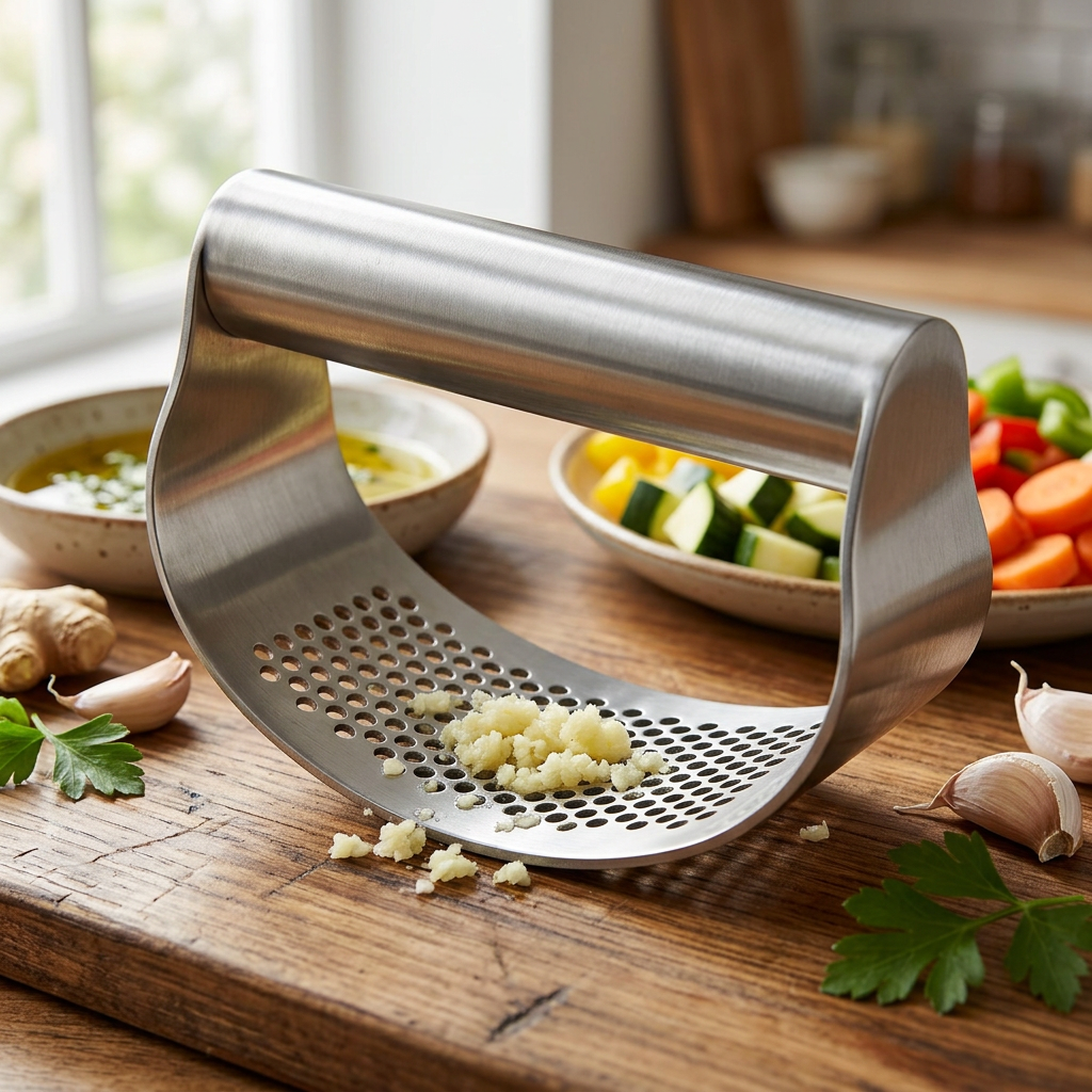 Hachoir à ail inox à bascule, ail et gingembre, en situation dans la cuisine