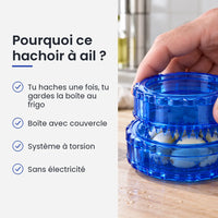 Pourquoi choisir ce hachoir à ail : tu haches une fois, tu gardes la boîte au frigo, boîte avec couvercle, système à torsion