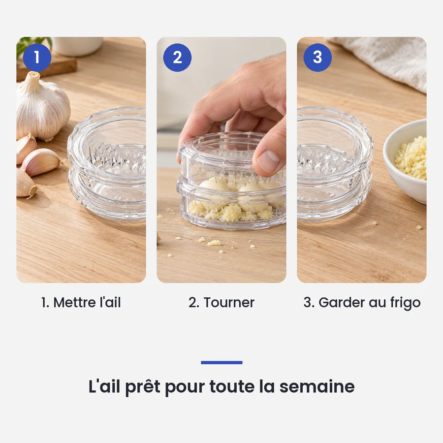 Comment utiliser le hachoir ail multifonction transparent à torsion en 3 étapes : mettre l'ail, tourner, garder au frigo