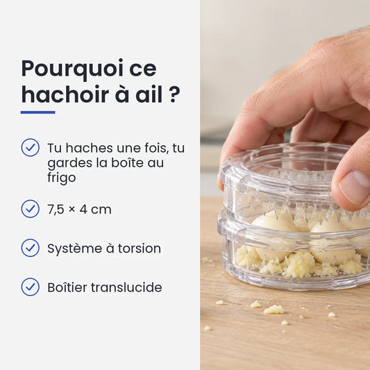 Pourquoi choisir ce hachoir à ail : tu haches une fois, tu gardes la boîte au frigo, 7,5 × 4 cm, système à torsion