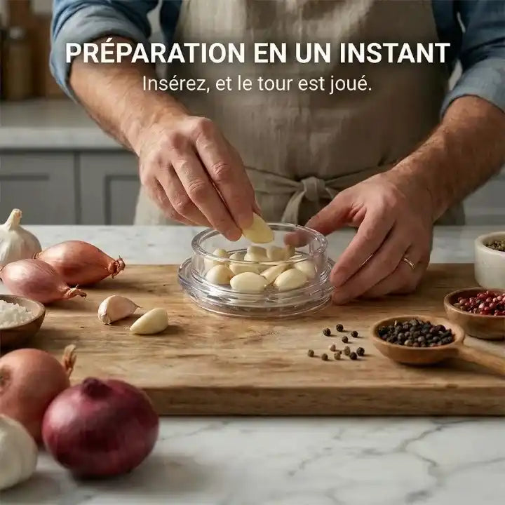 hachoir à ail par torsion utilisé par un cuisiner avec des épices et de l'ail