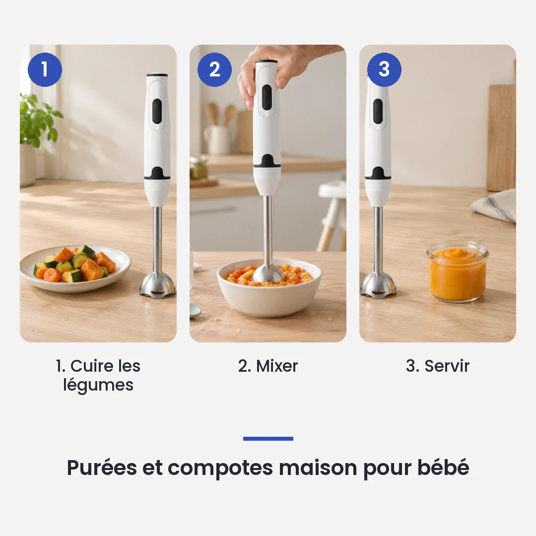 Comment utiliser le mixeur plongeant blanc et noir 300 W en 3 étapes : cuire les légumes, mixer, servir