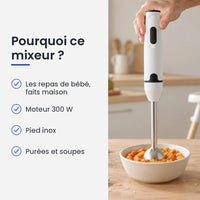 Pourquoi choisir ce mixeur : les repas de bébé, faits maison, moteur 300 W, pied inox, purées et soupes