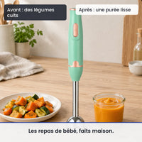 Avant/après avec le mixeur plongeant vert menthe 300 W : des légumes cuits, puis une purée lisse