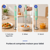 Comment utiliser le mixeur plongeant vert menthe 300 W en 3 étapes : cuire les légumes, mixer, servir