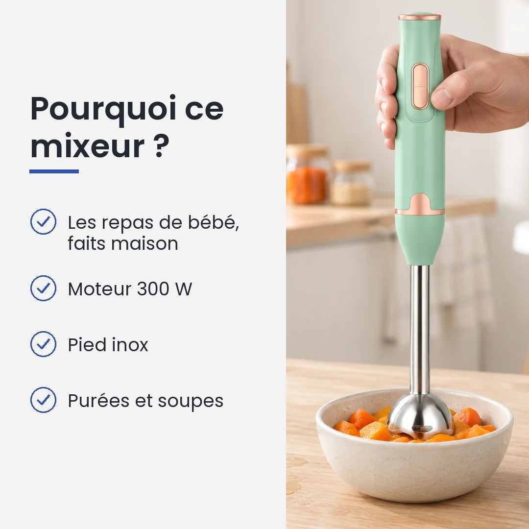 Pourquoi choisir ce mixeur : les repas de bébé, faits maison, moteur 300 W, pied inox, purées et soupes
