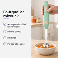 Pourquoi choisir ce mixeur : les repas de bébé, faits maison, moteur 300 W, pied inox, purées et soupes