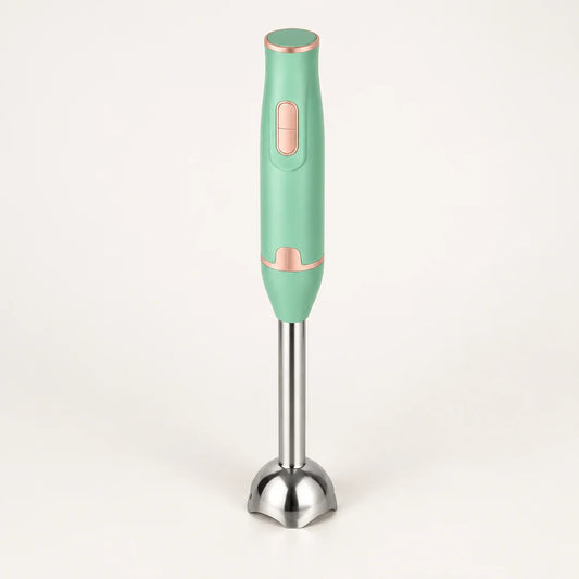 Mixeur plongeant 300 W vert menthe à détails cuivre rosé, pied inox en cloche, debout sur fond clair