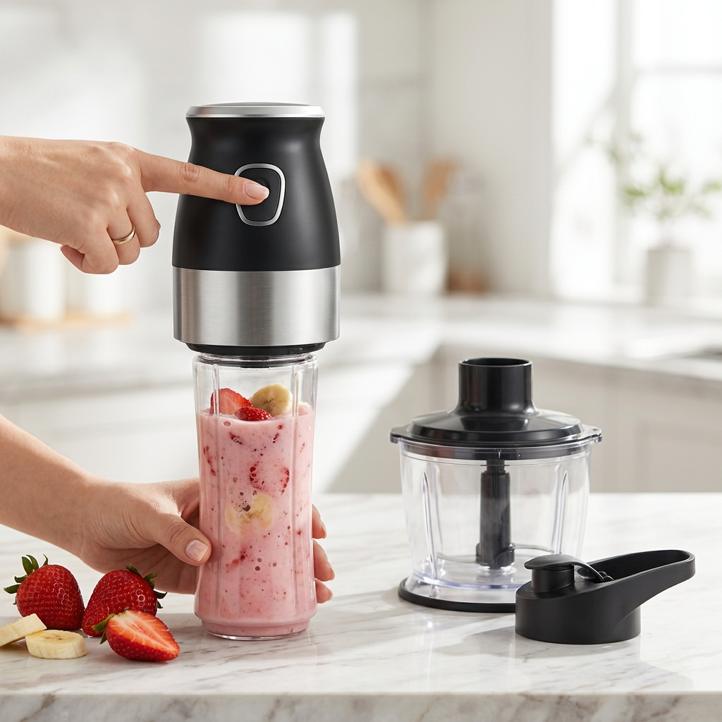 Hachoir blender 500 W avec gourde 600 ml, en cours d'utilisation