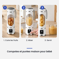 Comment utiliser le blender portable blanc 450 ml en 3 étapes : cuire les fruits, mixer, servir