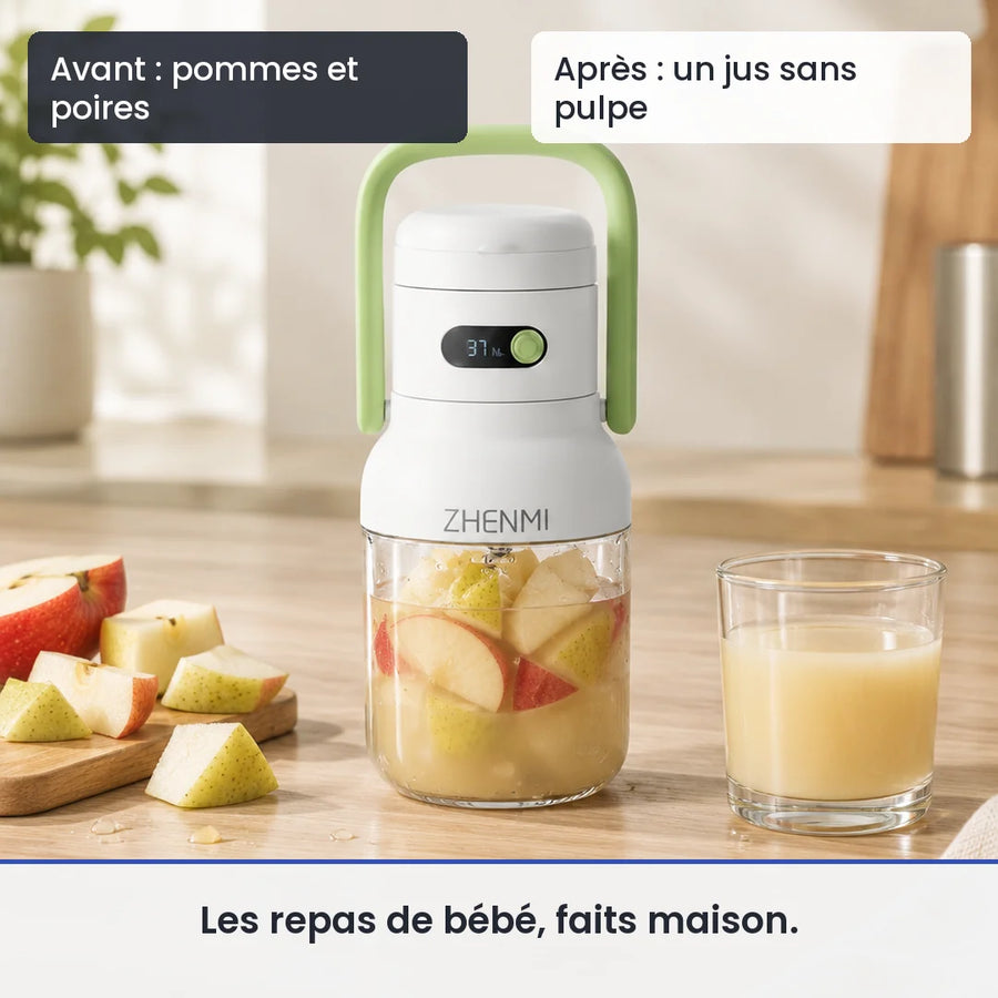 Avant/après avec le mini blender à anse verte : pommes et poires, puis un jus sans pulpe