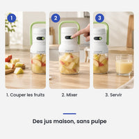 Comment utiliser le mini blender à anse verte en 3 étapes : couper les fruits, mixer, servir